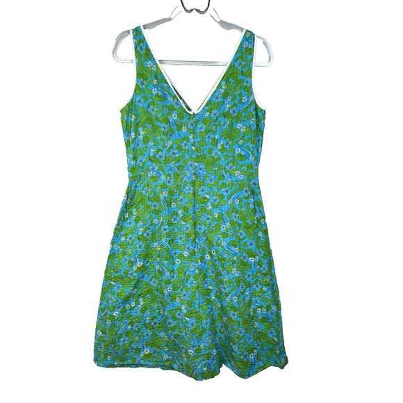 Pappagallo Dress Women 6 Blue Green Floral Textured Cotton Preppy Summer Casual - Picture 7 of 10